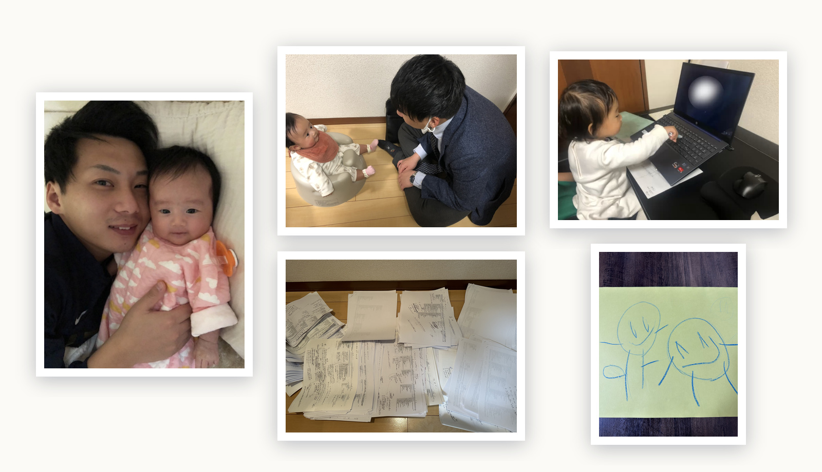 0歳の娘を抱くゆう。出勤前のスーツ姿、パソコンを触る娘、娘が描いてくれた落書き